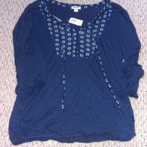 NWT Old Navy 3/4 length sleeve navy blue top with keyhole and tie neck womens M